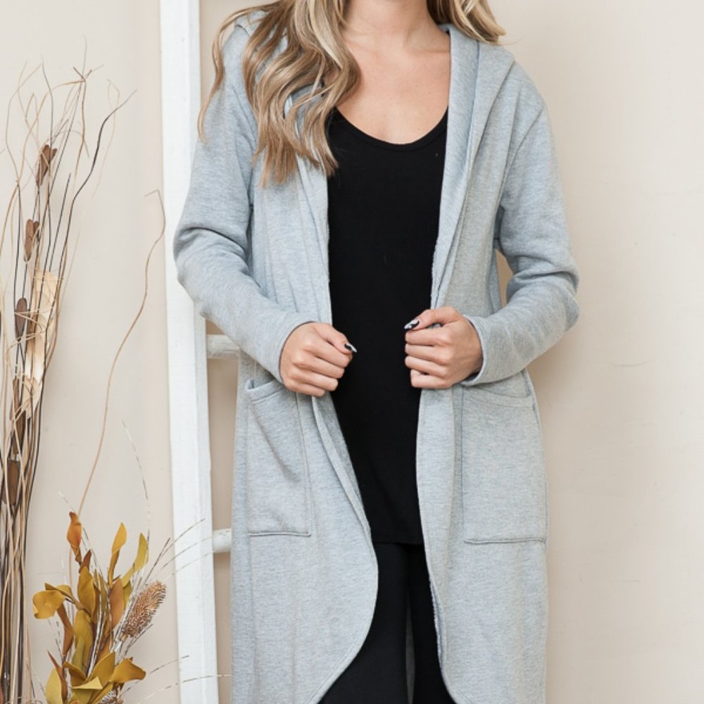 BRUSH HOODED OPEN CARDIGAN WITH SIDE POCKETS